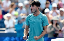 Spain's Carlos Alcaraz celebrates his win over Bosnian Damir Dzumhur at the ATP-WTA Cincinnati Open