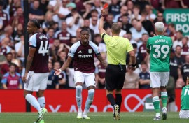 Aston Villa defender Ezri Konsa was sent off against Newcastle