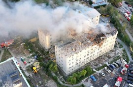 The attack reduced part of the building in Kharkiv to rubble