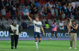 Thomas Mueller salutes fans after making his Major League Soccer debut for Vancouver Whitecaps in a 1-1 draw with Houston Dynamo