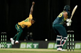 Rabada bowling against Australian Tim David in the first T20 international in Darwin on August 10