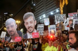 People attend a demonstration in Tel Aviv organised by families and friends of Israelis held hostage by Palestinian militants in the Gaza Strip