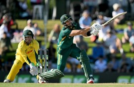 Aiden Markram hits out on his way to a top score of 82 for South Africa against Australia in the first one-day international at Cazaly's Stadium in Cairns. Josh Inglis is the wicketkeeper