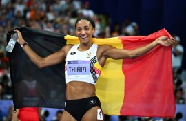 Belgium's Nafissatou Thiam celebrates after winning the Paris Olympics heptathlon