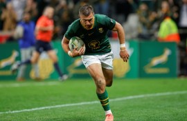 South Africa fly-half Handre Pollard scores against Georgia in a warm-up match for the 2025 Rugby Championship.
