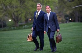 Sergio Gor (right), who has been tapped a the next US ambassador to India, walks with Treasury Secretary Scott Bessent on the White House lawn after a trip with President Donald Trump in April 2025