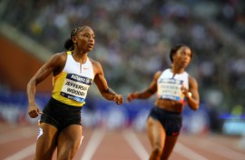 US sprinter Melissa Jefferson-Wooden (L) wins the 100m at the Brussels Diamond League
