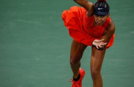 Japan's Naomi Osaka serves during her win over Belgium's Greet Minnen