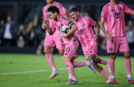 Inter Miami star Lionel Messi celebrates after converting a penalty in a Leagues Cup semi-final victory over Orlando City