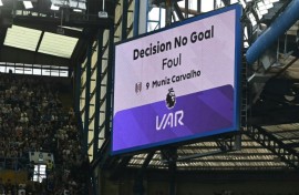 The big screen at Stamford Bridge reveals Fulham's controversial disallowed goal