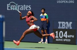 USA's Coco Gauff stretches to make a return in her US Open third round win over Poland's Magdalena Frech