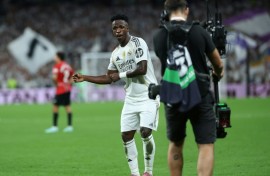 Vinicius Junior celebrates scoring Real Madrid's second goal in the win over Real Mallorca on Saturday in La Liga