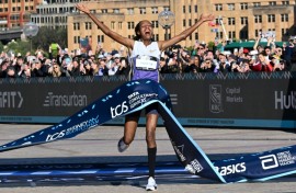 Netherlands's Sifan Hassan crosses the finish line first in the 2025 Sydney Marathon