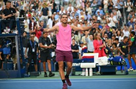 Carlos Alcaraz celebrates his fourth round defeat of France’s Arthur Rinderknech at the US Open
