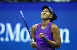 Japan's Naomi Osaka celebrates her victory over Karolina Muchova to reach the semi-finals of the US Open