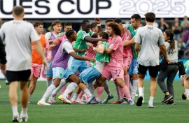 Players of Seattle Sounders and Inter Miami CF fight after the Sounders' victory in the Leagues Cup final