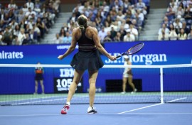 Belarus's Aryna Sabalenka roars her delight after clinching victory over Jessica Pegula to return to the US Open final