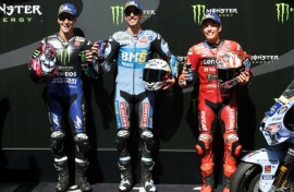 Pole position winner BK8 Gresini Racing MotoGP team's Spanish MotoGP rider Alex Marquez with Fabio Quartararo and his brother Marc Marquez