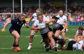 Canada hooker Emily Tuttosi runs in a try during a 40-19 Women's Rugby World Cup Pool B win over Scotland in Exeter