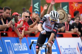 Marc Soler crosses the line to win the 14th stage of the Vuelta a Espana at La Farrapona.