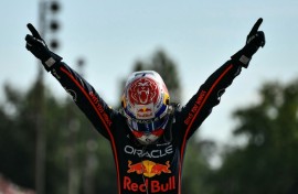 Max Verstappen celebrates winning the Italian Formula One Grand Prix on Sunday