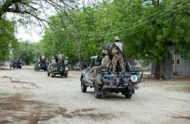 Nigerian soldiers from the Multinational Joint Task Force (MNJTF) drive around in pick-ups during training at the MNJTF military base, Sector 3 Headquarters, in Monguno, Borno state, Nigeria, on July 5, 2025