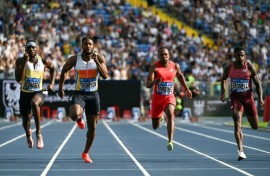 Jamaican athletics legend Usain Bolt fancies his compatriots including Olympic silver medallist Kishane Thompson (2L) can beat defending world champion Noah Lyles in the 100 metres