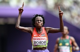 Kenya's Peres Jepchirchir celebrates winning the women's marathon at the world championships in Tokyo