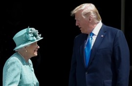 Britain's Queen Elizabeth II (L) speaks with US President Donald Trump during his 2019 UK state visit