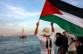 Activists see off boats in the Gaza aid flotilla departing from Tunisia's northern port of Bizerte on September 14, 2025