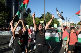 Pro-Palestinians protestors took to the streets during the final stage of the Vuelta cyclig race in Madrid on Sunday