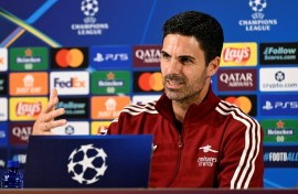 Arsenal's Spanish coach Mikel Arteta gives a press conference on the eve of the Champions League football match against Athletic Bilbao