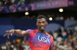American Fred Kerley celebrates after winning 100m bronze at the 2024 Paris Olympics