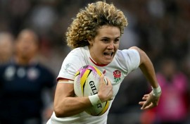 Ellie Kildunne scores England's fourth try in their 69-7 World Cup Pool A win over the United States