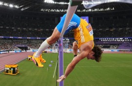 Armand Duplantis clears the bar on the way to a 14th world pole vault record