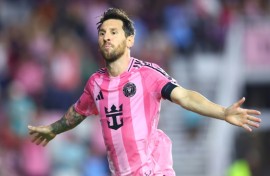 Inter Miami's Argentine superstar Lionel Messi celebrates a goal in Inter's 3-2 MLS victory over DC United
