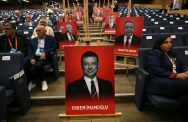 An image of CHP's jailed presidential candidate Ekrem Imamoglu, Istanbul's mayor, who was detained in March sparking Turkey's worst street protests in over a decade