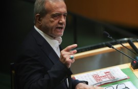 Iranian President Masoud Pezeshkian speaks during the General Debate of the United Nations General Assembly