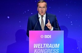 German Defence Minister Boris Pistorius addresses the BDI Space Congress 2025 in Berlin