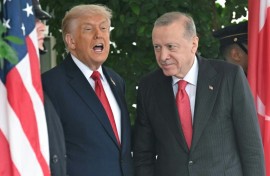 US President Donald Trump greets Turkey's President Recep Tayyip Erdogan as Erdogan arrives at the White House in Washington, DC on September 25, 2025.