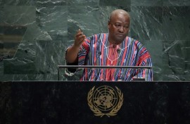 Ghanaian President John Mahama addresses the United Nations General Assembly at UN headquarters in New York on September 25, 2025.