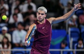 Spain’s Carlos Alcaraz in action this week in Tokyo