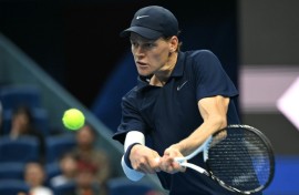 Italy’s Jannik Sinner hits a return to France’s Terence Atmane