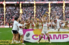England captain Zoe Aldcroft lifts the Women’s Rugby World Cup trophy after a 33-13 win over Canada in the final at Twickenham