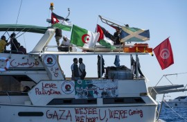 The flotilla of some 45 vessels carrying activists and politicians, including Swedish campaigner Greta Thunberg and Nelson Mandela's grandson Mandla Mandela, departed Spain last month