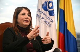 Colombia's Ombudsman executive, Iris Marin Ortiz, gestures as she speaks during an interview with AFP at the Ombudsman's headquarters in Bogota on October 6, 2025.