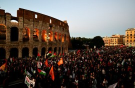 Pro-Palestinian demonstrators gather in Rome to protest against the interception of the Global Sumud Flotilla