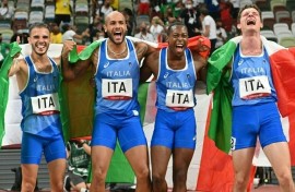 Italy's relay team Lorenzo Patta, Marcell Jacobs, Eseosa Desalu and Filippo Tortu after their 4x100m gold at the Tokyo Olympics