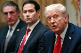 US President Donald Trump speaks alongside Secretary of the Interior Doug Burgum (L) and Secretary of State Marco Rubio (R) during a cabinet meeting in the Cabinet Room of the White House in Washington, DC, on October 9, 2025. Trump said Thursday he would try to go to Egypt for the signing of a Gaza ceasefire and hostage release deal between Israel and Hamas.