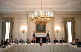 US President Donald Trump (C) had been chairing a roundtable about Antifa in the State Dining Room of the White House